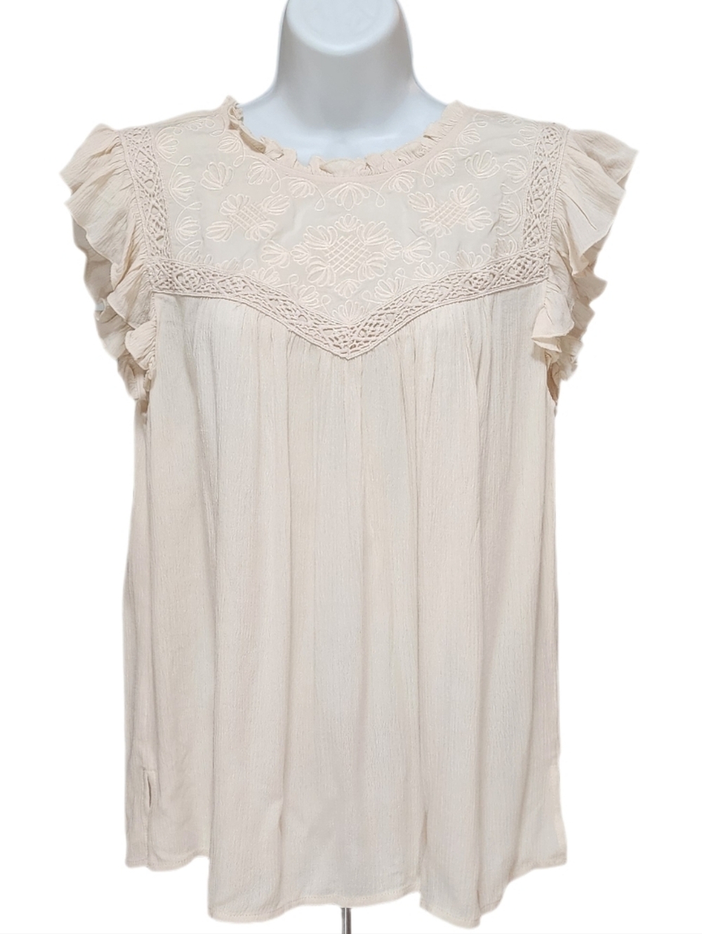 Democracy Crochet Trim Ruffle Cap Sleeve Embroidered Woven Top Boho Ecru M